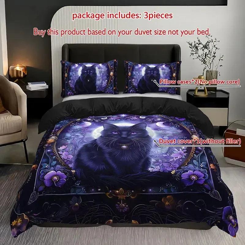 Mystic Black Cat Bedding Set - Moonlit Cat Witchy Duvet Cover Set Wicca Home Decor-MoonChildWorld