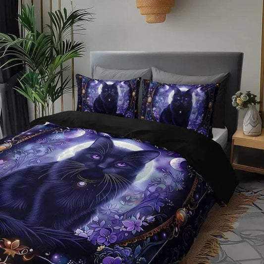 Mystic Black Cat Bedding Set - Moonlit Cat Witchy Duvet Cover Set Wicca Home Decor-MoonChildWorld