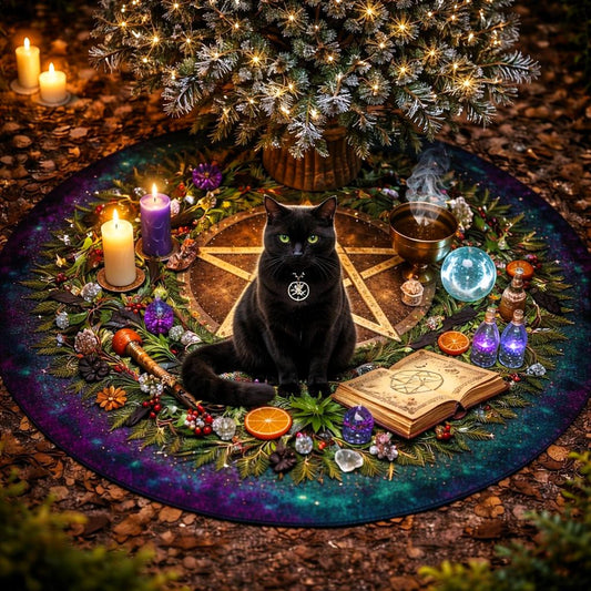 Black cat on a dark gothic velvet tree skirt with a pentagram, candles, and witchy decor.