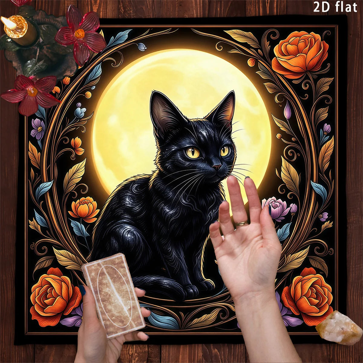 Mystic Black Cat Tarot Altar Cloth with Floral Moon Design-MoonChildWorld