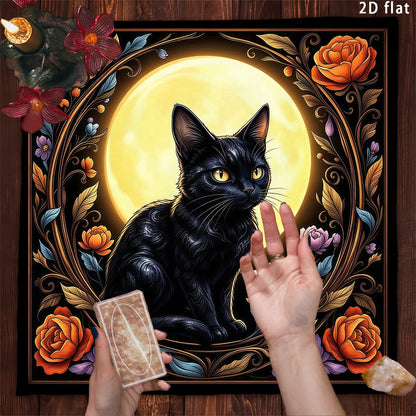 Mystic Black Cat Tarot Altar Cloth with Floral Moon Design-MoonChildWorld