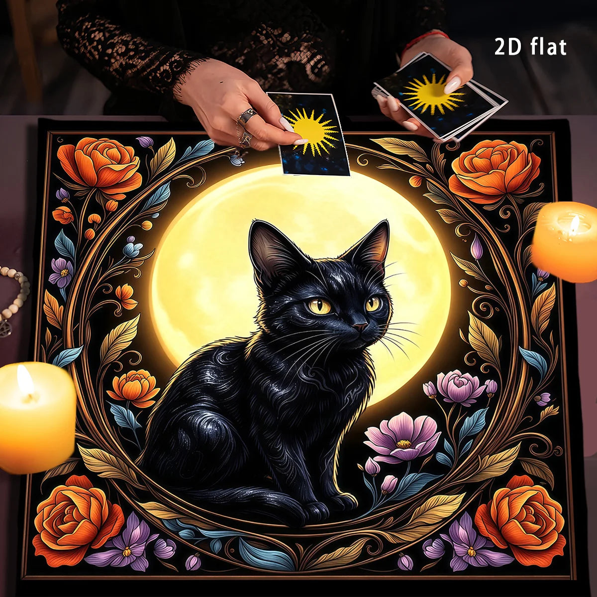 Mystic Black Cat Tarot Altar Cloth with Floral Moon Design-MoonChildWorld