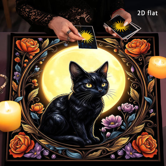 Mystic Black Cat Tarot Altar Cloth with Floral Moon Design-MoonChildWorld