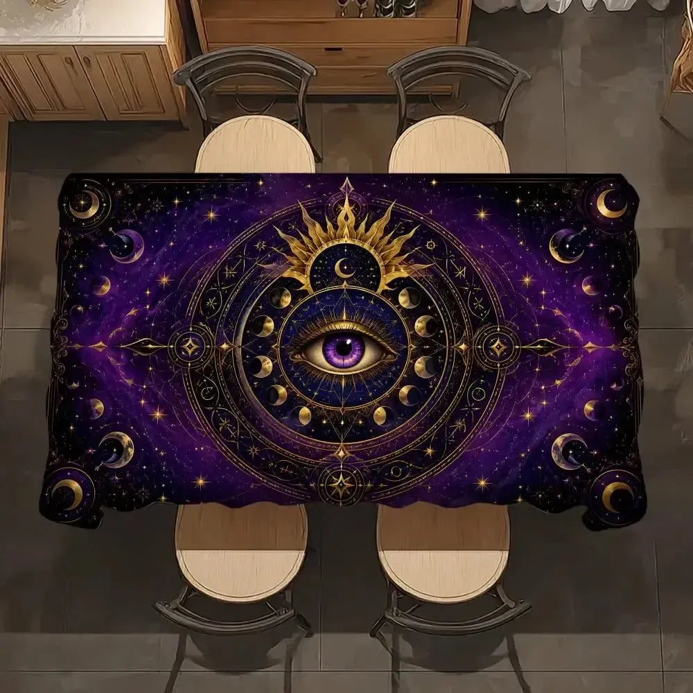 Mystic evil eye tablecloth – witchy altar table cloth, full spread view