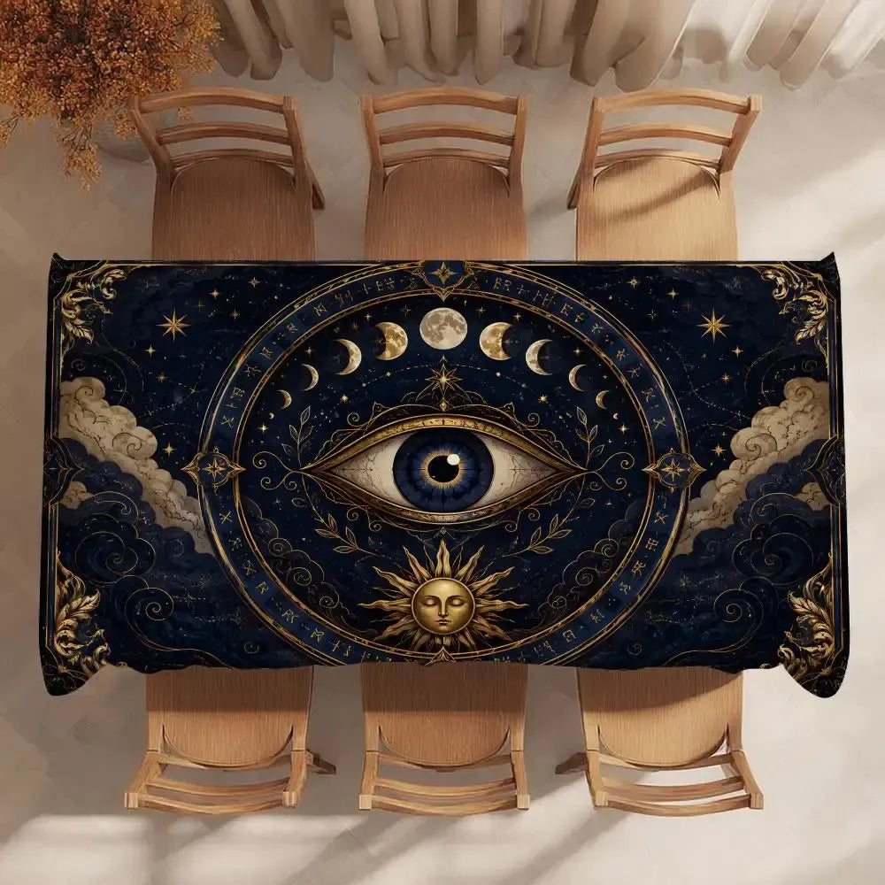 Evil eye tablecloth – protection symbol print detail close-up
