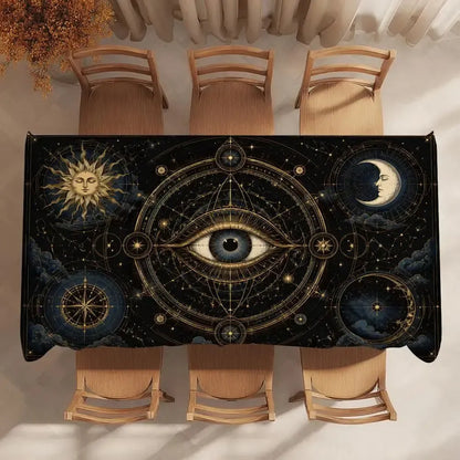 Witchy evil eye tablecloth – altar cloth with candles and crystals