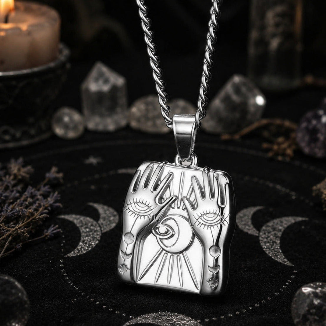 Mystic Hands Moon Evil Eye Square Pendant Necklace for Women-MoonChildWorld