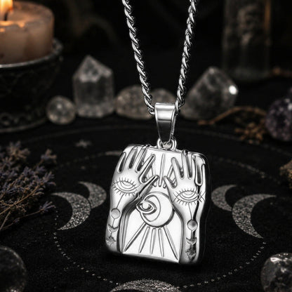 Mystic Hands Moon Evil Eye Square Pendant Necklace for Women-MoonChildWorld