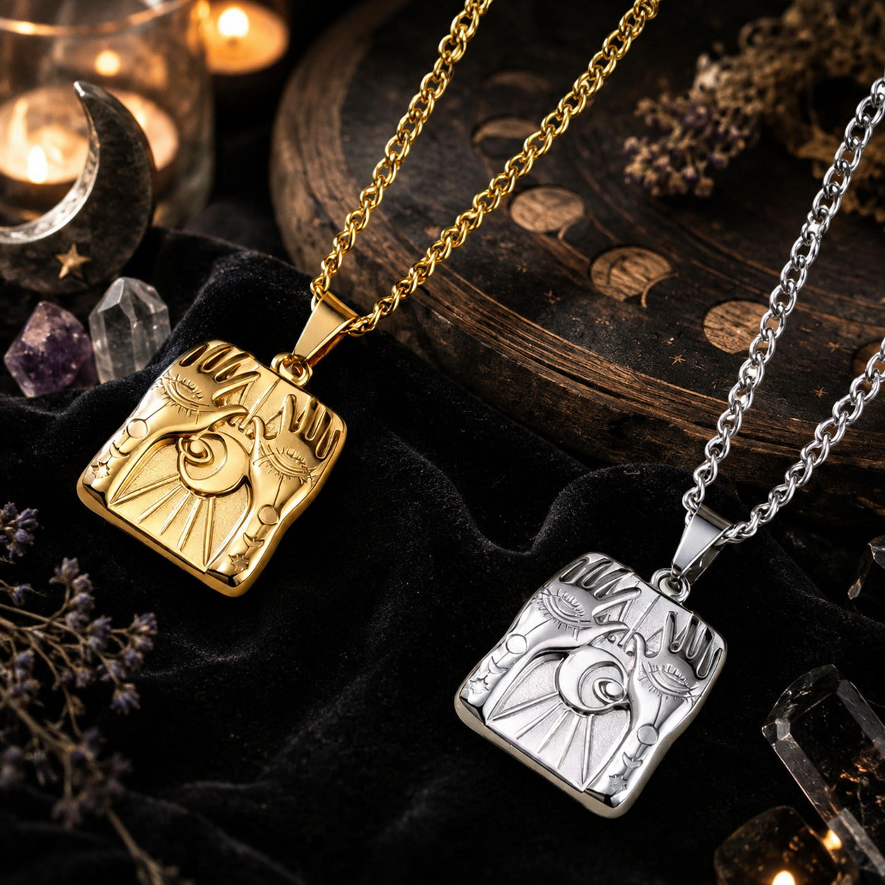 Mystic Hands Moon Evil Eye Square Pendant Necklace for Women-MoonChildWorld