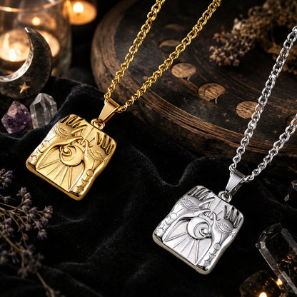 Mystic Hands Moon Evil Eye Square Pendant Necklace for Women-MoonChildWorld