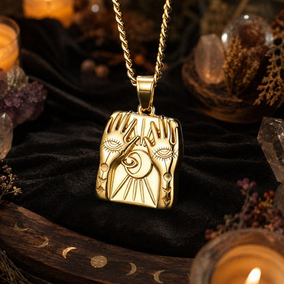 Mystic Hands Moon Evil Eye Square Pendant Necklace for Women-MoonChildWorld