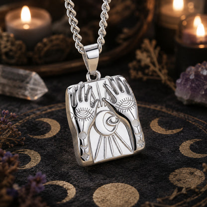Mystic Hands Moon Evil Eye Square Pendant Necklace for Women-MoonChildWorld