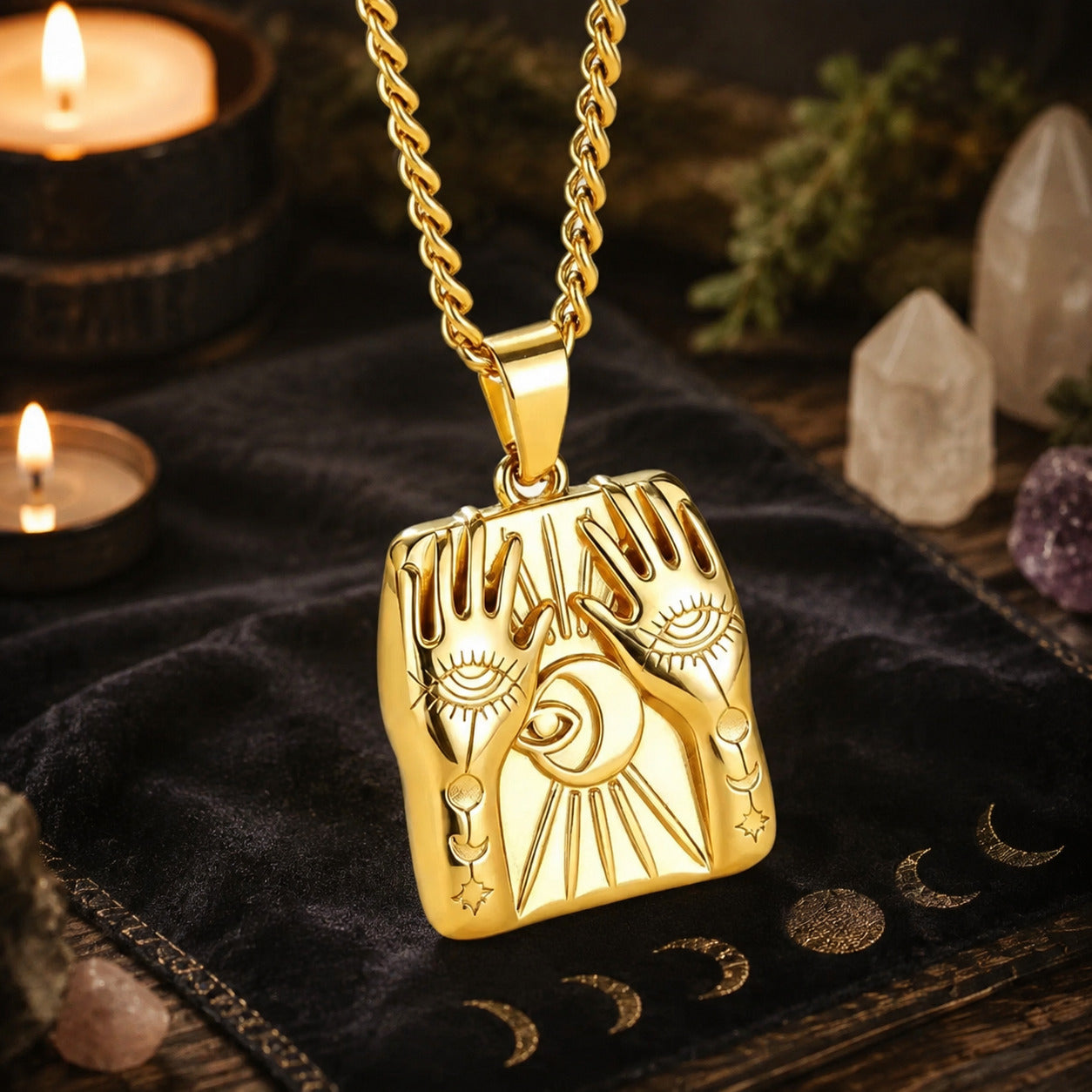 Mystic Hands Moon Evil Eye Square Pendant Necklace for Women-MoonChildWorld