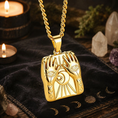 Mystic Hands Moon Evil Eye Square Pendant Necklace for Women-MoonChildWorld