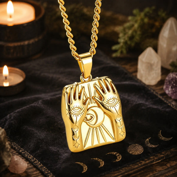 Mystic Hands Moon Evil Eye Square Pendant Necklace for Women