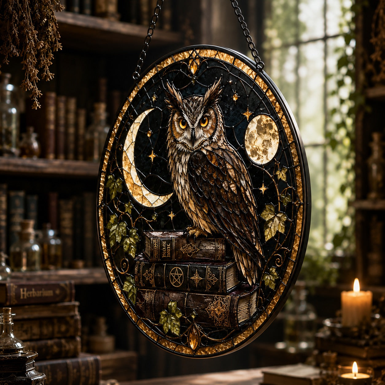Mystic Owl Spellbook Glass Suncatcher - close up detail