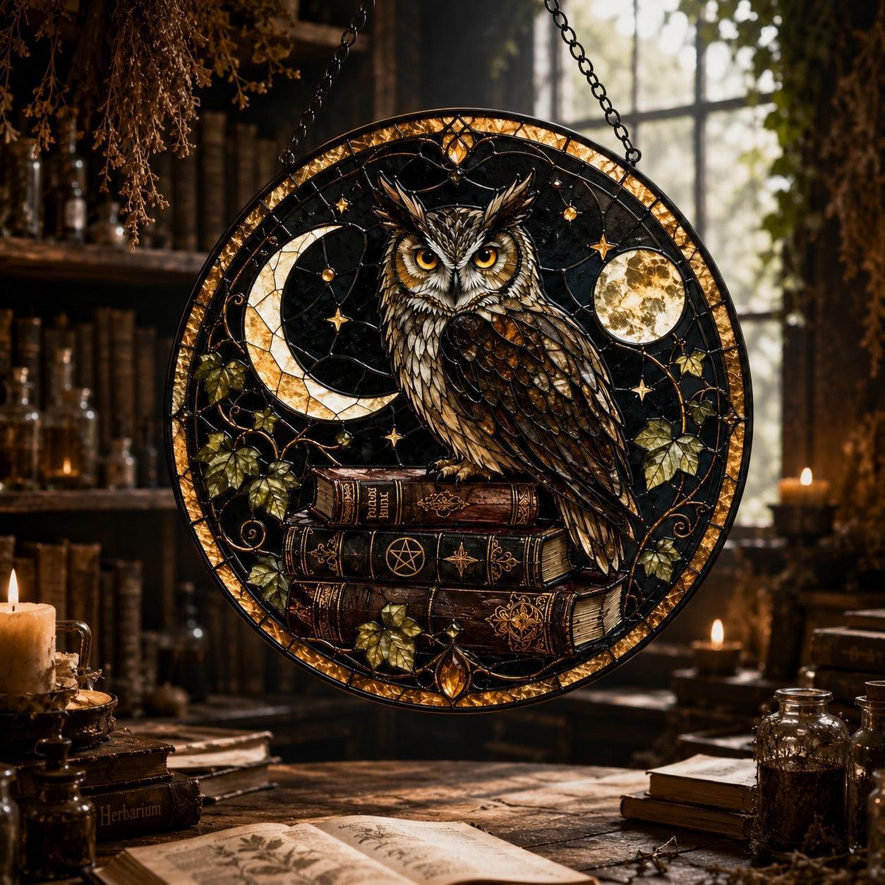 Mystic Owl Spellbook Glass Suncatcher - sunlight glow