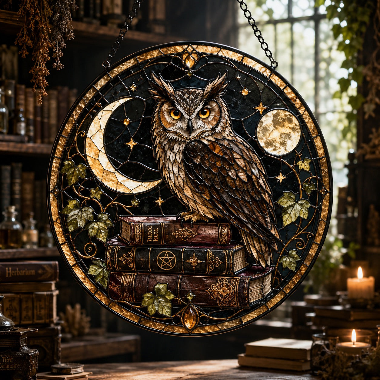 Mystic Owl Spellbook Glass Suncatcher - window display
