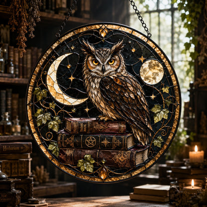Mystic Owl Spellbook Glass Suncatcher - window display