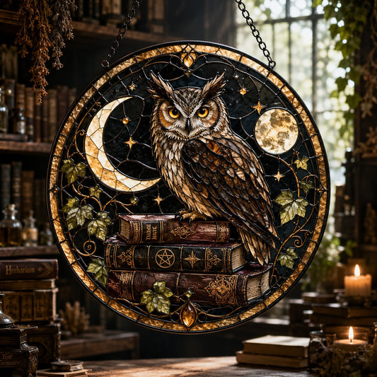 Mystic Owl Spellbook Glass Suncatcher - window display