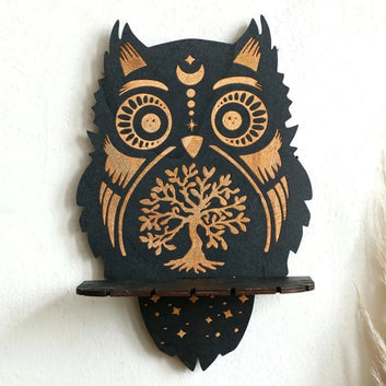 Mystic Owl Wooden Crystal Shelf Witchy Crystal Display Shelf - Spiritual Altar Holder for Crystals, Candles, Jewelry-MoonChildWorld