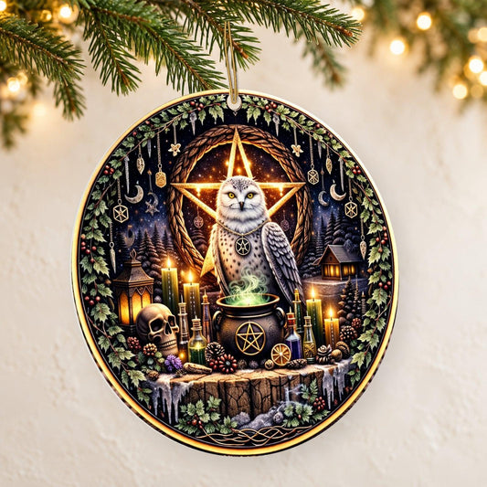 Mystic Pentagram Owl Wicca Yule Ceramic Ornaments Gothic Pagan Christmas Tree Decor — thin double-sided ceramic ornament, left angled hanging view.