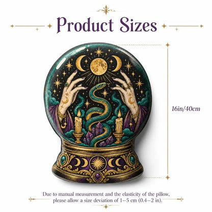 Size guide showing 16 inch / 40 cm: decorative plush pillow featuring snake and moon crystal-ball artwork