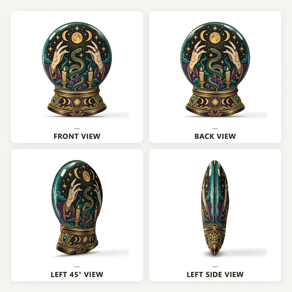 Front, back and side views: decorative plush pillow featuring snake and moon crystal-ball artwork