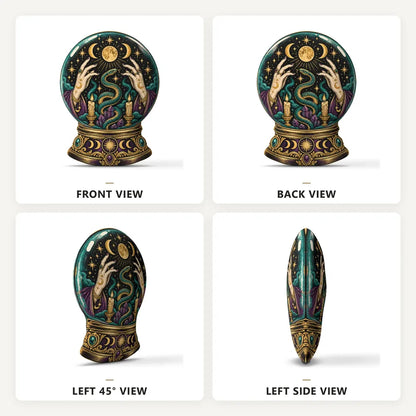 Front, back and side views: decorative plush pillow featuring snake and moon crystal-ball artwork