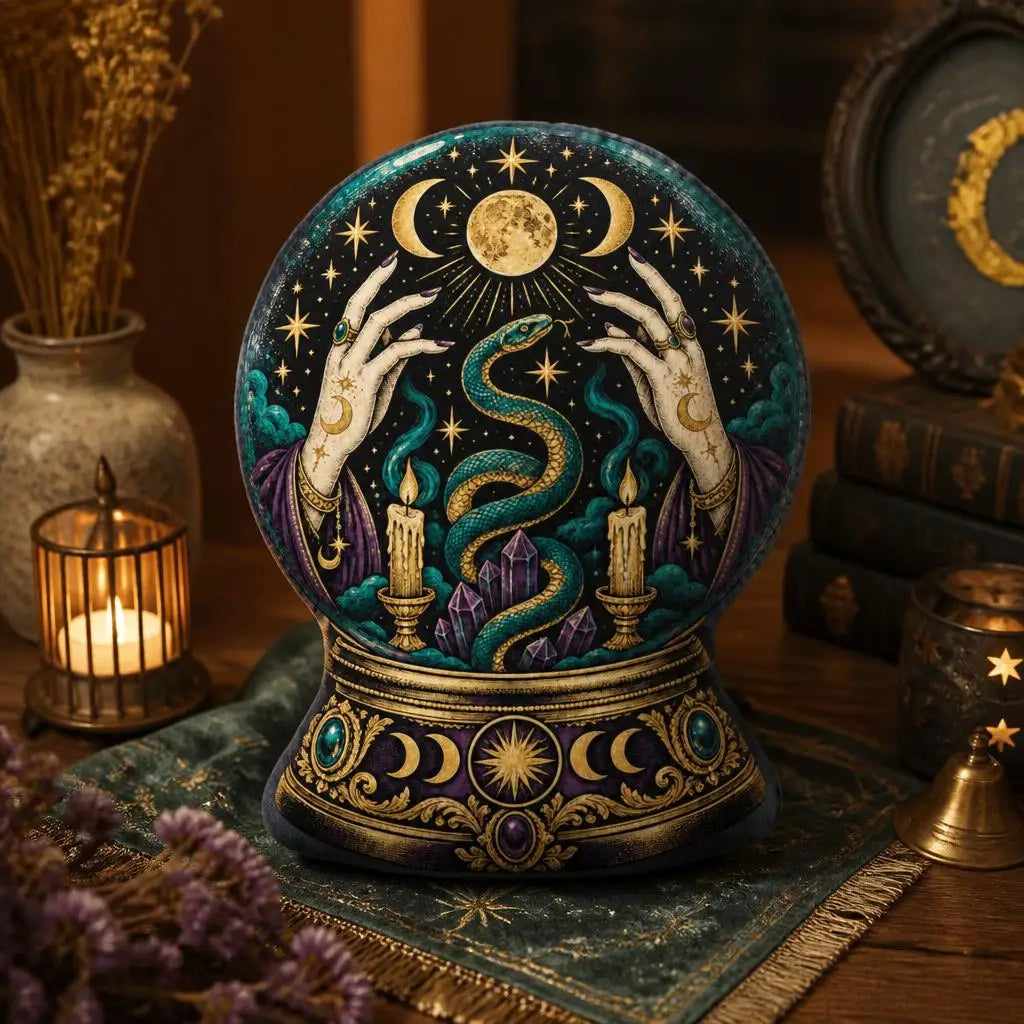Styled room view: decorative plush pillow featuring snake and moon crystal-ball artwork