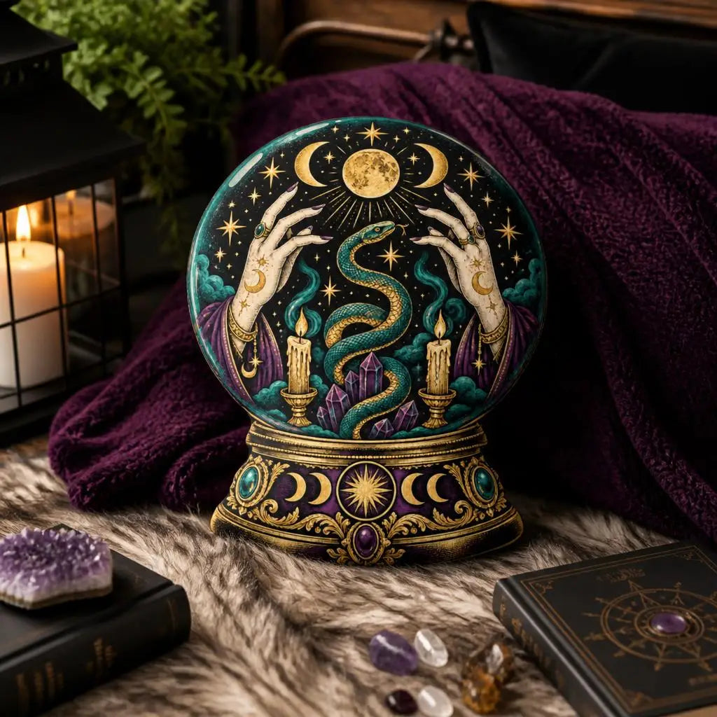Alternate styled room view: decorative plush pillow featuring snake and moon crystal-ball artwork