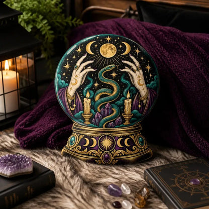 Alternate styled room view: decorative plush pillow featuring snake and moon crystal-ball artwork