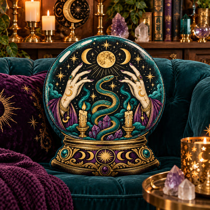 Mystic Snake Crystal Ball Pillow in a witchy room