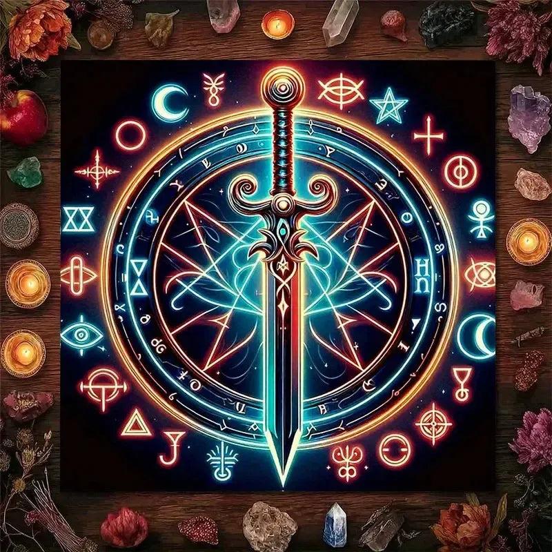 Mystic Sword Symbol Tarot Tablecloth – Enchanting Altar Cloth for Divination, Meditation & Spiritual Home Decor-MoonChildWorld