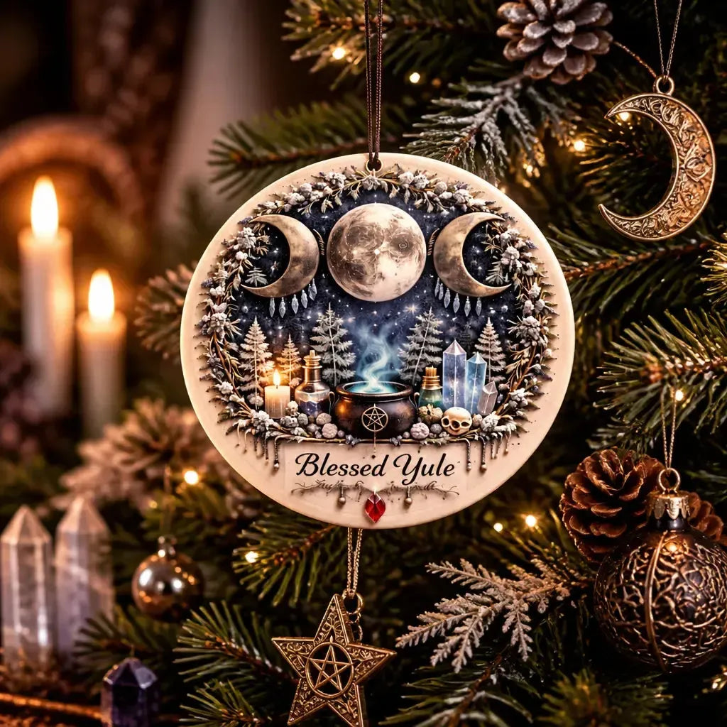 Mystic Triple Moon Pagan Yule Ceramic Ornament – Witchcraft Holiday Decor_mockup_1.webp