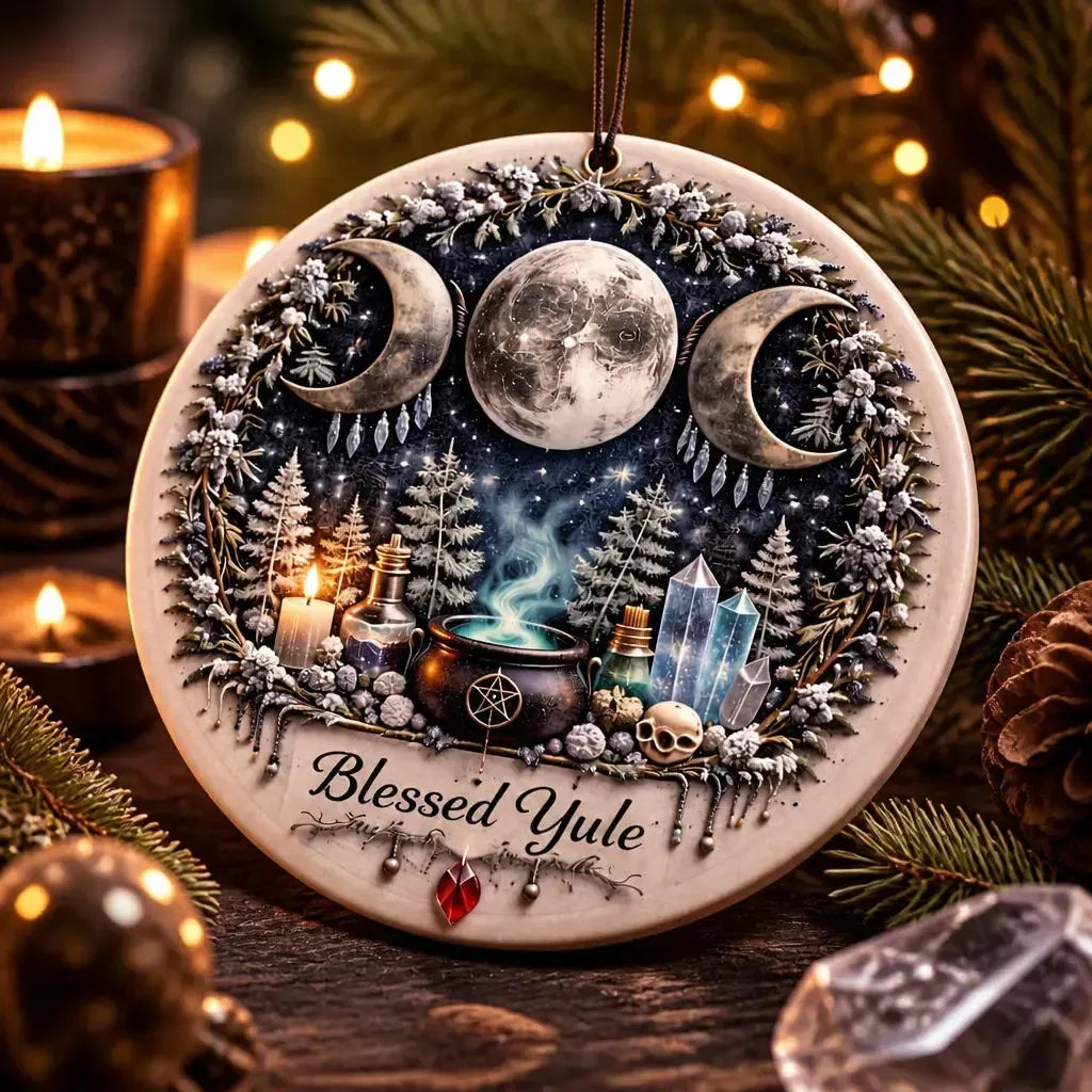 Mystic Triple Moon Pagan Yule Ceramic Ornament – Witchcraft Holiday Decor_mockup_2.webp