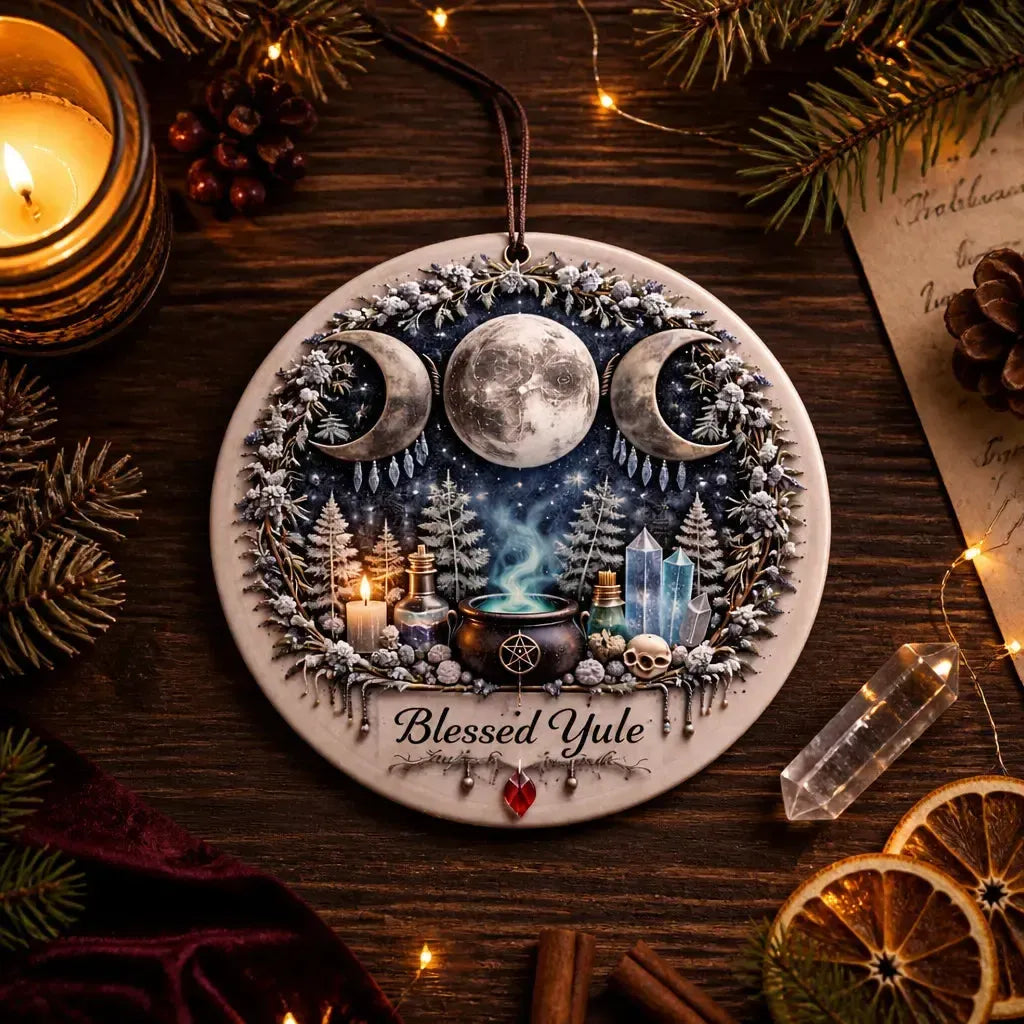 Mystic Triple Moon Pagan Yule Ceramic Ornament – Witchcraft Holiday Decor_mockup_3.webp