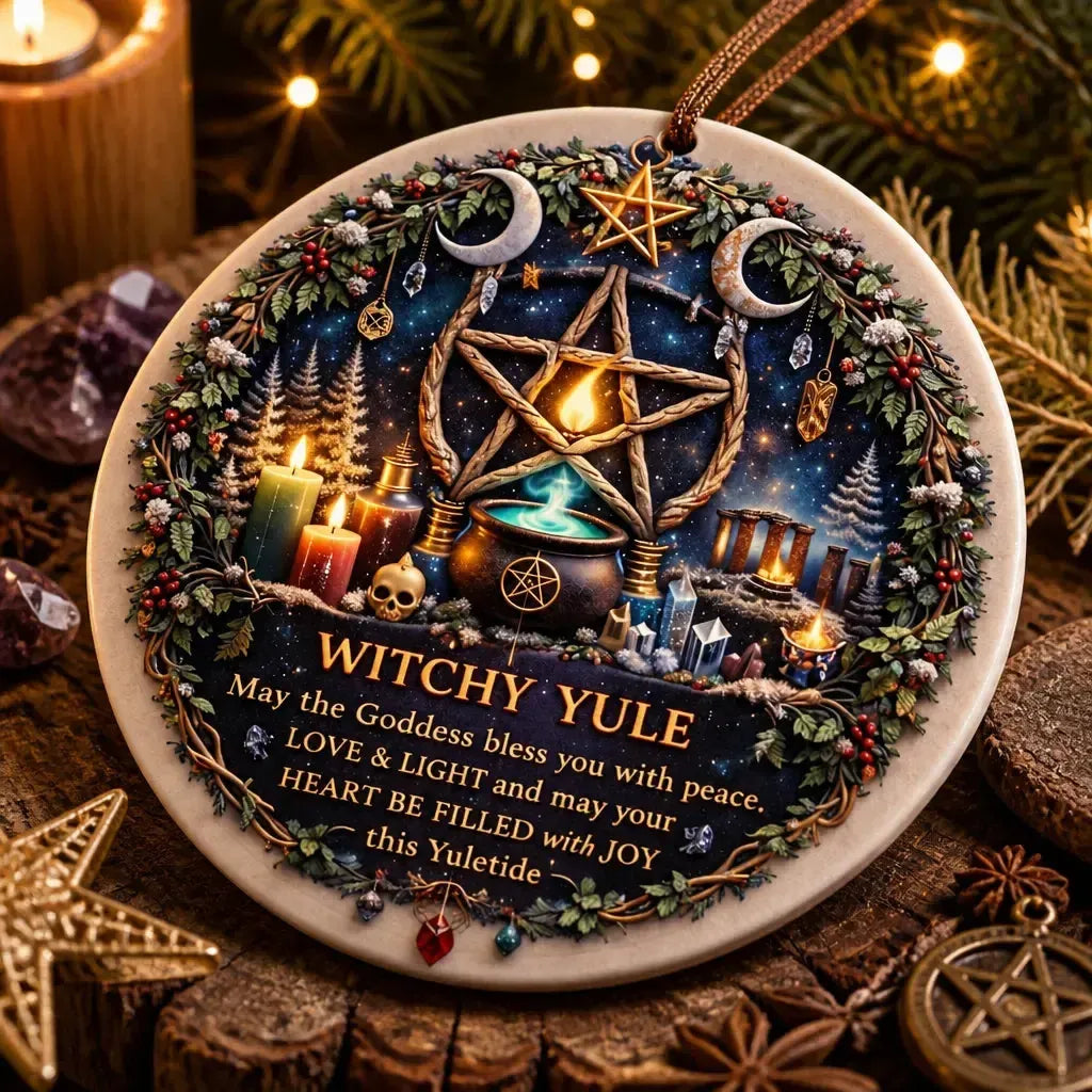 Mystic Triple Moon Pentacle Wiccan Yule Ceramic Ornament – Witchy Holiday Decor_mockup_2.webp