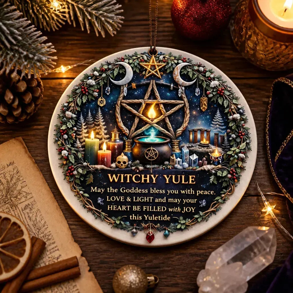 Mystic Triple Moon Pentacle Wiccan Yule Ceramic Ornament – Witchy Holiday Decor_mockup_3.webp
