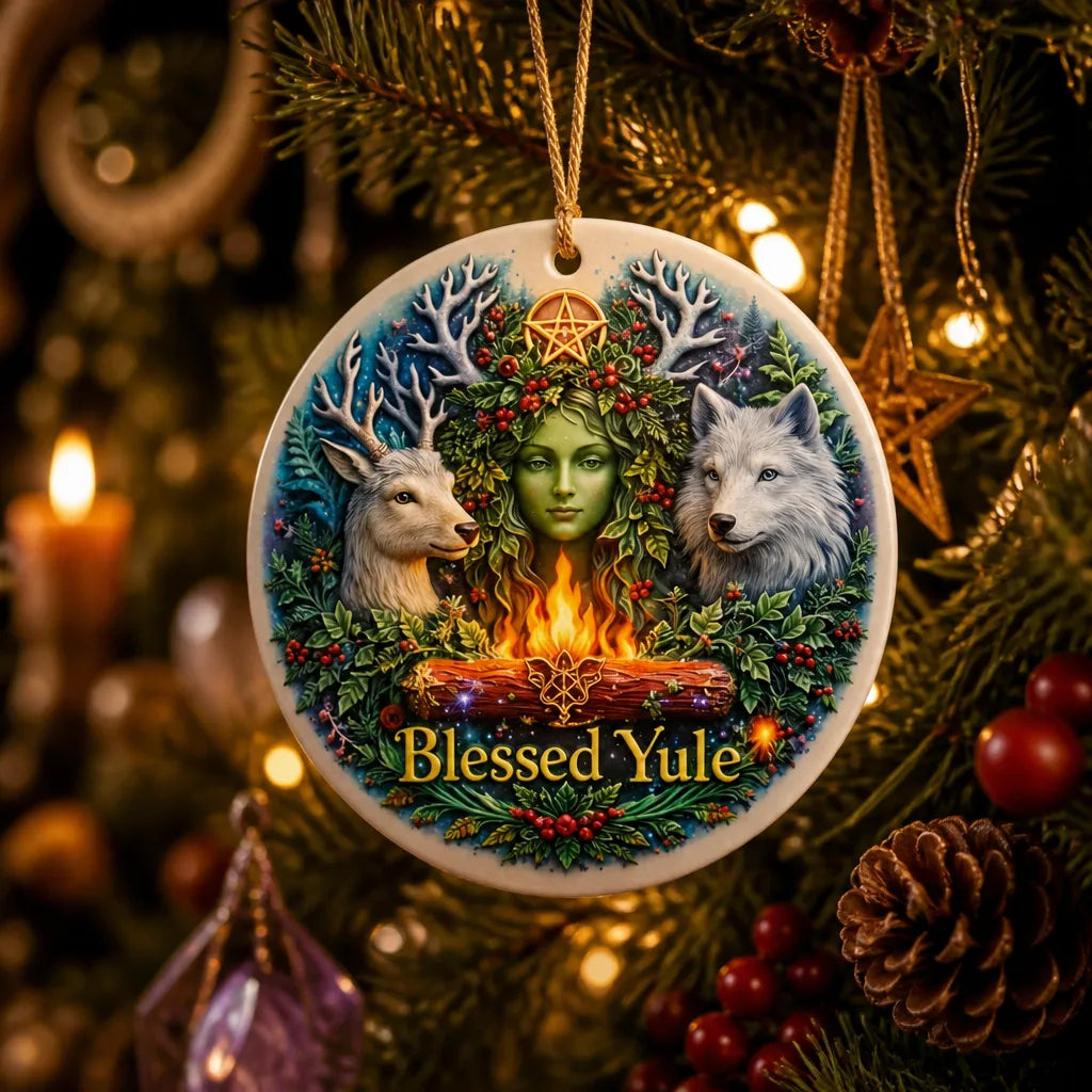 Mystic Wicca Yule Ceramic Ornament – Pagan Goddess Christmas Ornament_mockup_1.webp