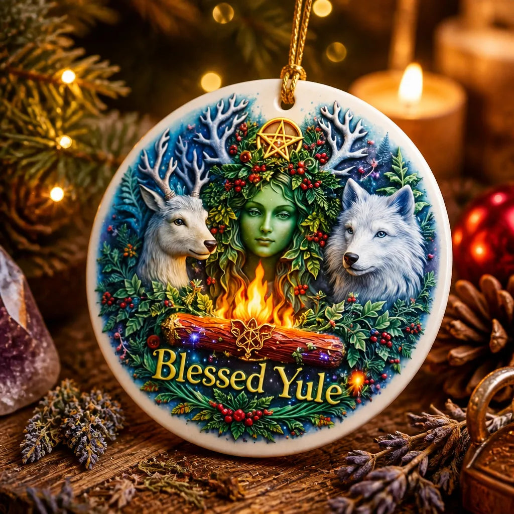 Mystic Wicca Yule Ceramic Ornament – Pagan Goddess Christmas Ornament_mockup_2.webp
