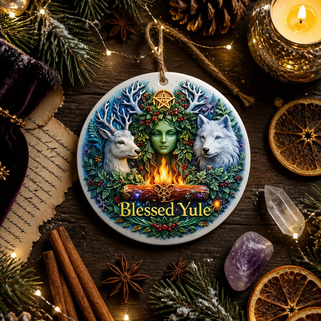 Mystic Wicca Yule Ceramic Ornament – Pagan Goddess Christmas Ornament_mockup_3.webp