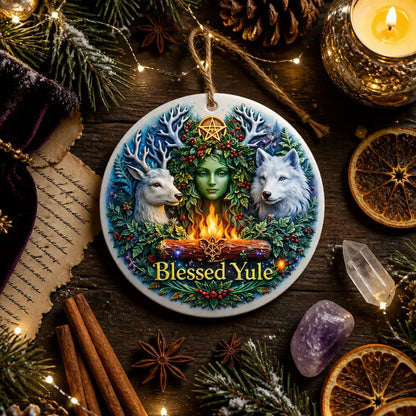 Mystic Wicca Yule Ceramic Ornament – Pagan Goddess Christmas Ornament_mockup_3.webp