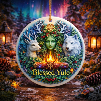 Round ceramic Yule ornament with green Goddess, deer, white wolf, pentacle, and "Blessed Yule.