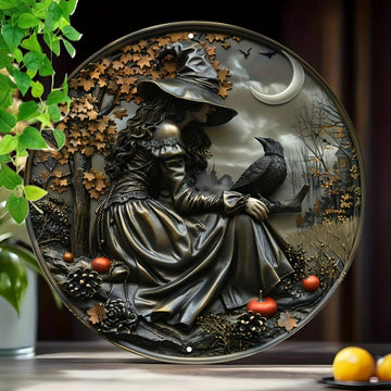 Mystic Witch And Raven Metal Sign Halloween Gothic Home Decor-MoonChildWorld