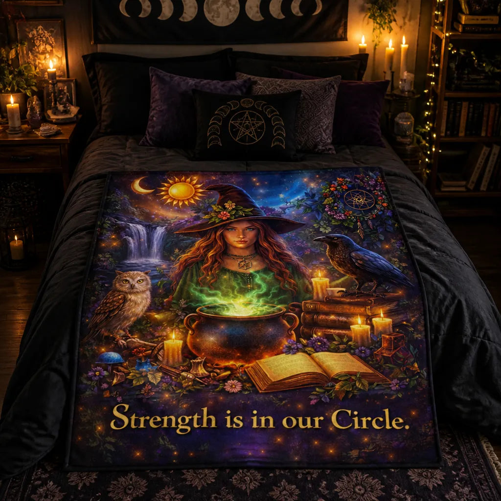 Mystic Witch with Raven, Owl Blanket for Pagan Samhain Halloween Decor_mockup_1.webp
