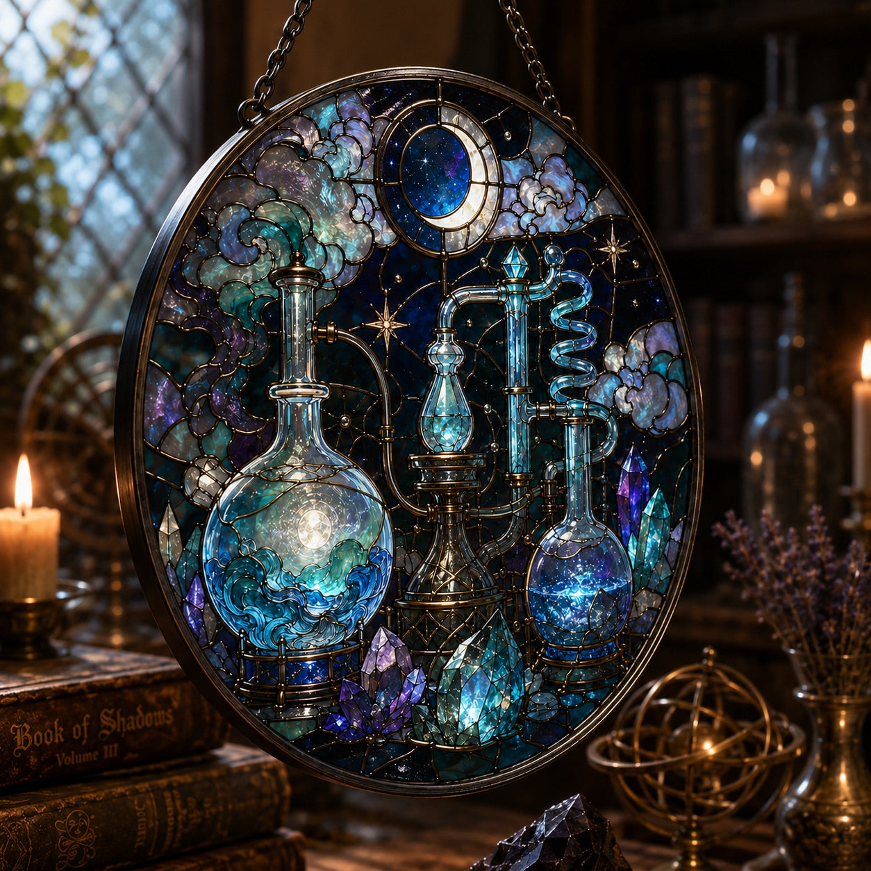 Mystical Alchemy Laboratory Glass Suncatcher - hanging view