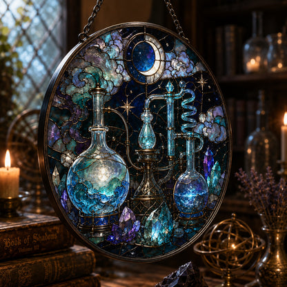 Mystical Alchemy Laboratory Glass Suncatcher - hanging view