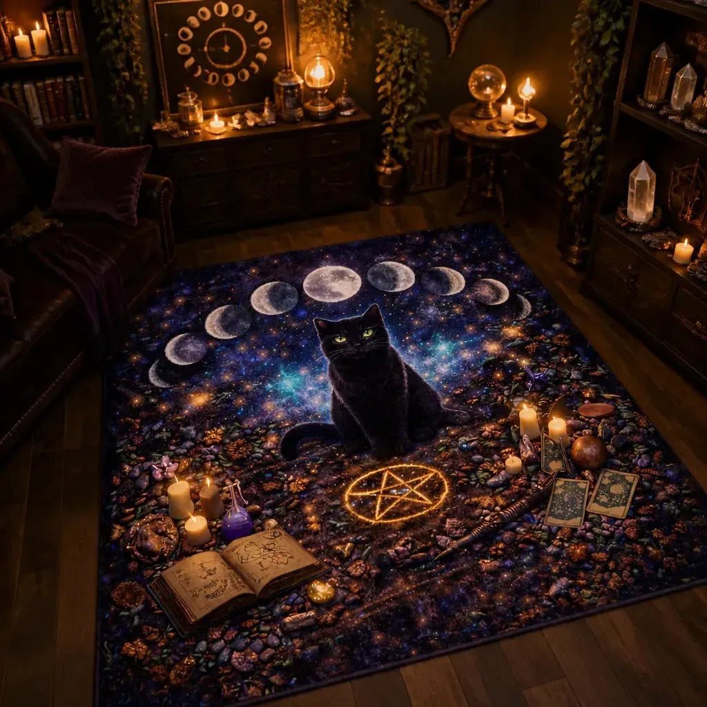 Mystical Black Cat Area Rug with Moon Phase – Gothic Witch Familiar Carpet for Home Decor_mockup_1.webp