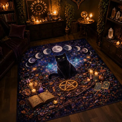 Mystical Black Cat Area Rug with Moon Phase – Gothic Witch Familiar Carpet for Home Decor_mockup_1.webp